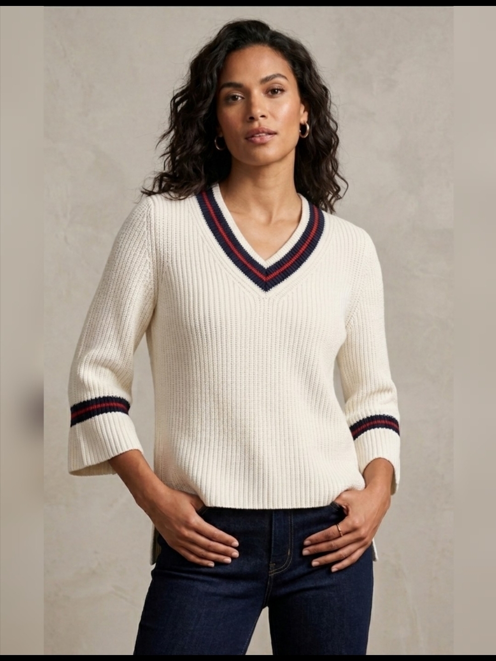 CAbi Cream V-Neck Sweater with Navy and Red Stripe Trim